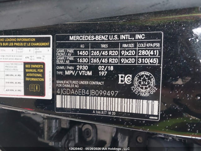12620442 :رقم المزاد ، 4JGDA6EB4JB099497 vin ، 2018 Mercedes-benz Gle 43 Amg مزاد بيع
