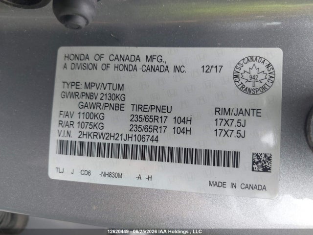 2HKRW2H21JH106744 Honda CR-V LX