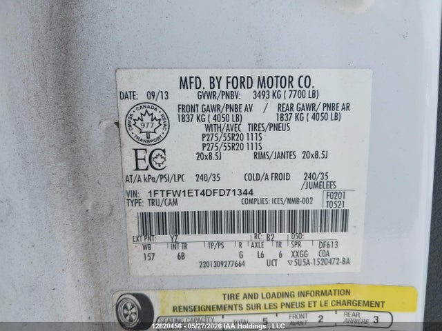 12620456 :رقم المزاد ، 1FTFW1ET4DFD71344 vin ، 2013 Ford F-150 Fx4 مزاد بيع