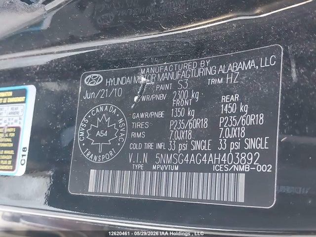 2010 Hyundai Santa Fe Gl 3.5 Sport მანქანა იყიდება აუქციონზე, vin: 5NMSG4AG4AH403892, აუქციონის ნომერი: 12620461