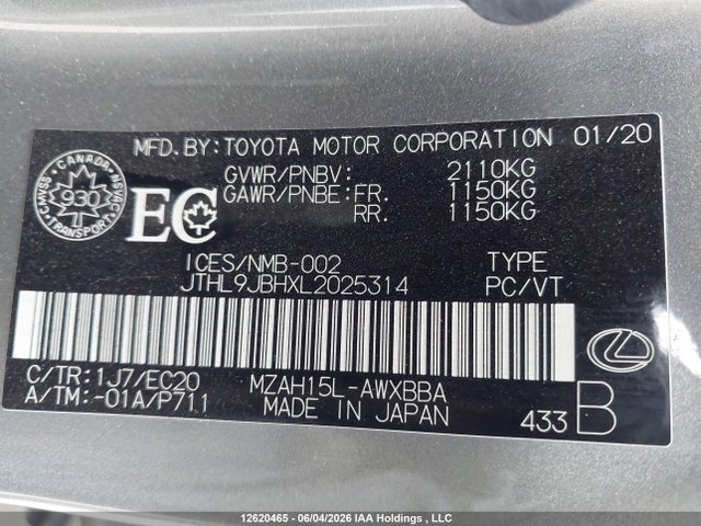 Aukcja sprzedaży 2020 Lexus Ux 250h, vin: JTHL9JBHXL2025314, numer aukcji: 12620465