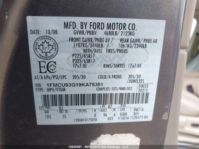 Aukcja sprzedaży 2009 Ford Escape Xlt, vin: 1FMCU93G19KA75351, numer aukcji: 12620467