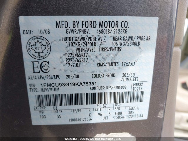 Aukcja sprzedaży 2009 Ford Escape Xlt, vin: 1FMCU93G19KA75351, numer aukcji: 12620467