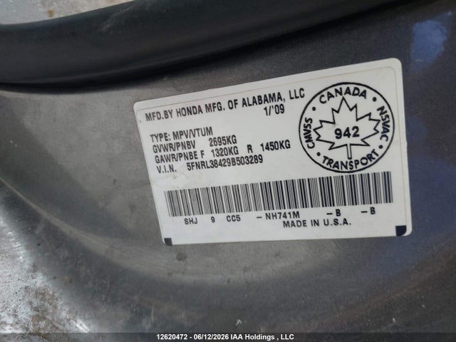 12620472 :رقم المزاد ، 5FNRL38429B503289 vin ، 2009 Honda Odyssey مزاد بيع