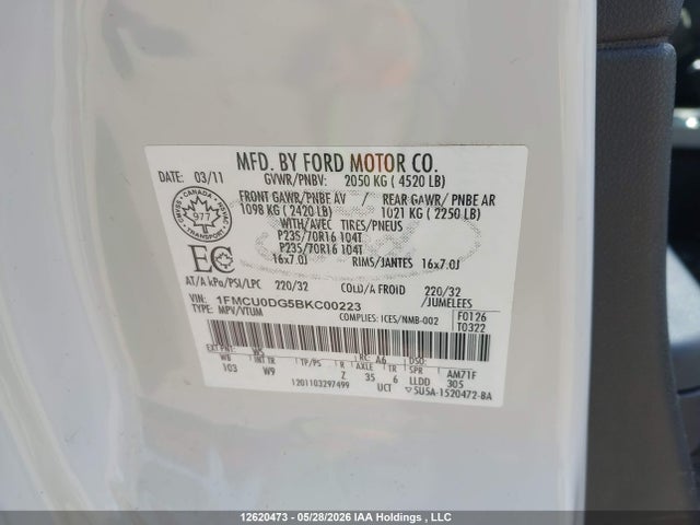 Продажа на аукционе авто 2011 Ford Escape Xlt Automatic, vin: 1FMCU0DG5BKC00223, номер лота: 12620473