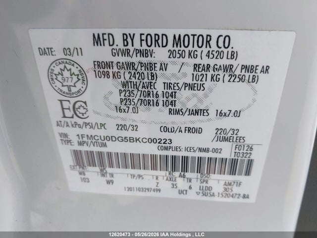 Продажа на аукционе авто 2011 Ford Escape Xlt Automatic, vin: 1FMCU0DG5BKC00223, номер лота: 12620473