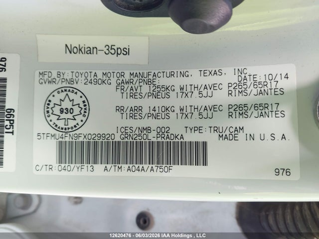 12620476 :رقم المزاد ، 5TFMU4FN9FX029920 vin ، 2015 Toyota Tacoma مزاد بيع