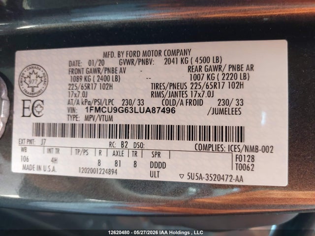 Продажа на аукционе авто 2020 Ford Escape Se, vin: 1FMCU9G63LUA87496, номер лота: 12620480