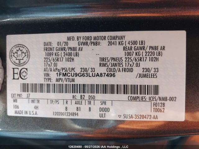 Продажа на аукционе авто 2020 Ford Escape Se, vin: 1FMCU9G63LUA87496, номер лота: 12620480