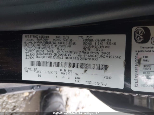 12620481 :رقم المزاد ، 3FADP4CJ9CM197542 vin ، 2012 Ford Fiesta Sel مزاد بيع