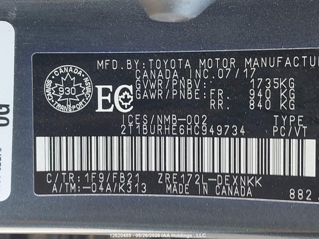 12620485 :رقم المزاد ، 2T1BURHE6HC949734 vin ، 2017 Toyota Corolla Le مزاد بيع