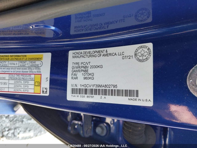 12620488 :رقم المزاد ، 1HGCV1F39MA802795 vin ، 2021 Honda Accord Sport مزاد بيع
