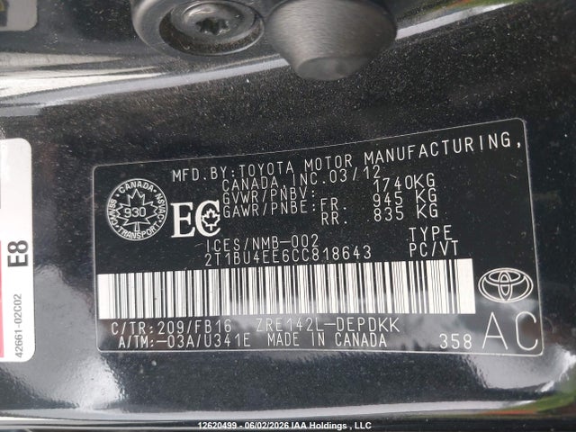 12620499 :رقم المزاد ، 2T1BU4EE6CC818643 vin ، 2012 Toyota Corolla Ce مزاد بيع