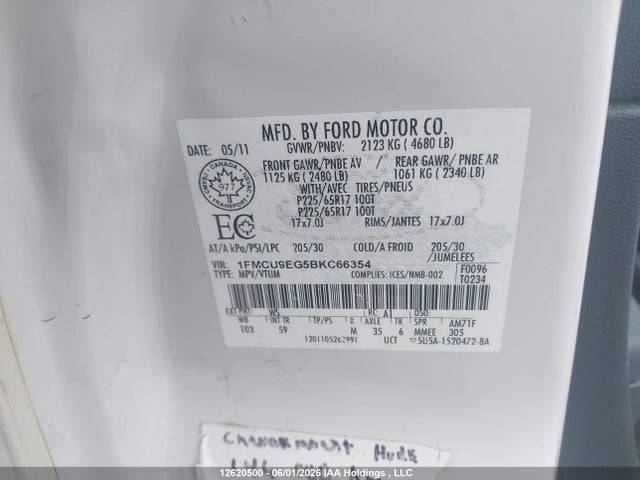 Продаж на аукціоні авто 2011 Ford Escape Limited, vin: 1FMCU9EG5BKC66354, номер лоту: 12620500
