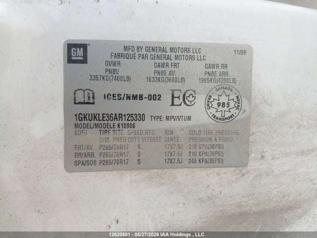 12620501 :رقم المزاد ، 1GKUKLE36AR125330 vin ، 2010 Gmc Yukon Xl 1500 Slt مزاد بيع