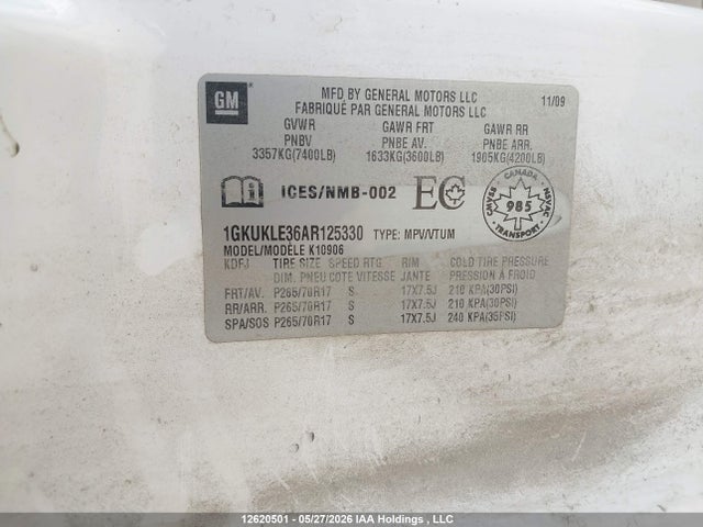 12620501 :رقم المزاد ، 1GKUKLE36AR125330 vin ، 2010 Gmc Yukon Xl 1500 Slt مزاد بيع