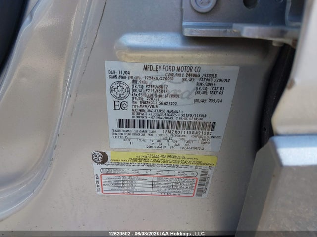 2005 Ford Freestyle Se მანქანა იყიდება აუქციონზე, vin: 1FMZK01115GA21202, აუქციონის ნომერი: 12620502