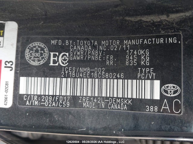 12620504 :رقم المزاد ، 2T1BU4EE1BC580246 vin ، 2011 Toyota Corolla S/le مزاد بيع