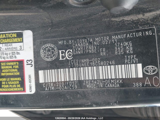 12620504 :رقم المزاد ، 2T1BU4EE1BC580246 vin ، 2011 Toyota Corolla S/le مزاد بيع