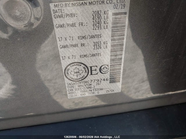 Продаж на аукціоні авто 2019 Nissan Rogue S/sv, vin: 5N1AT2MT0KC779246, номер лоту: 12620506