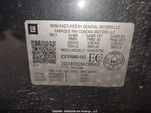 Продаж на аукціоні авто 2017 Chevrolet Silverado 1500 2lz, vin: 1GCVKSEC5HZ399400, номер лоту: 12620509