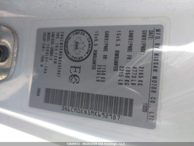 Aukcja sprzedaży 2021 Nissan Nv200 S/sv, vin: 3N6CM0KN5MK692987, numer aukcji: 12620512