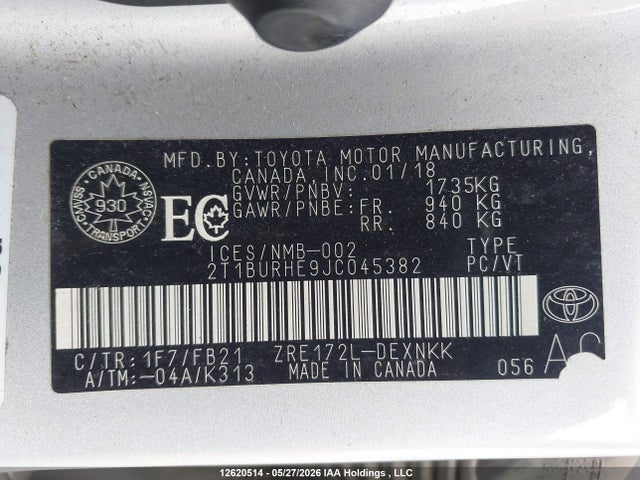 2T1BURHE9JC045382 Toyota COROLLA LE