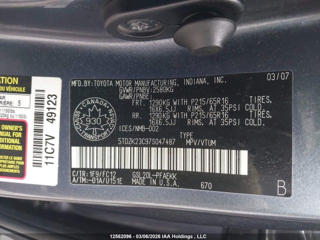 2007 Toyota Sienna Ce/le მანქანა იყიდება აუქციონზე, vin: 5TDZK23C97S047487, აუქციონის ნომერი: 12562096