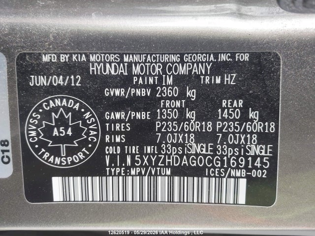12620519 :رقم المزاد ، 5XYZHDAG0CG169145 vin ، 2012 Hyundai Santa Fe Limited 3.5 مزاد بيع