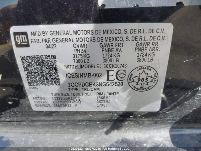 Aukcja sprzedaży 2022 Chevrolet Silverado 1500 Custom Trail Boss, vin: 3GCPDCEK3NG542520, numer aukcji: 12620522