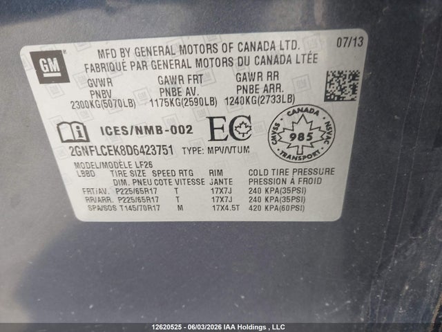 12620525 :رقم المزاد ، 2GNFLCEK8D6423751 vin ، 2013 Chevrolet Equinox Ls مزاد بيع