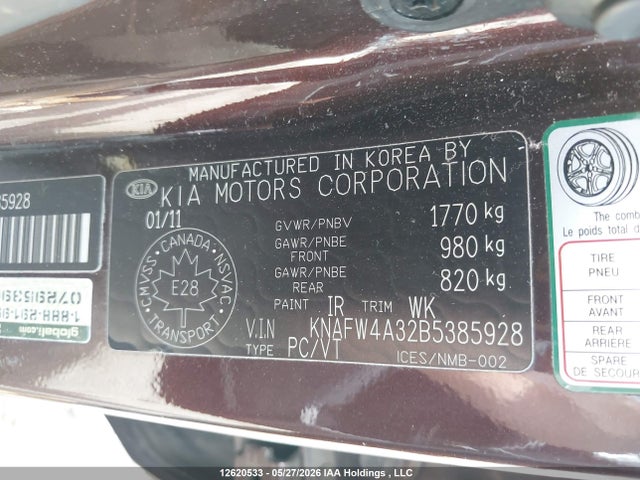 Auction sale of the 2011 Kia Forte 2.4l Sx/2.4l Sx Luxury, vin: KNAFW4A32B5385928, lot number: 12620533
