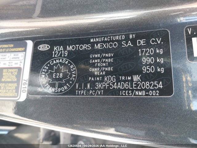 12620534 :رقم المزاد ، 3KPF54AD6LE208254 vin ، 2020 Kia Forte Ex/ex Limited/ex Premium/ex+ مزاد بيع
