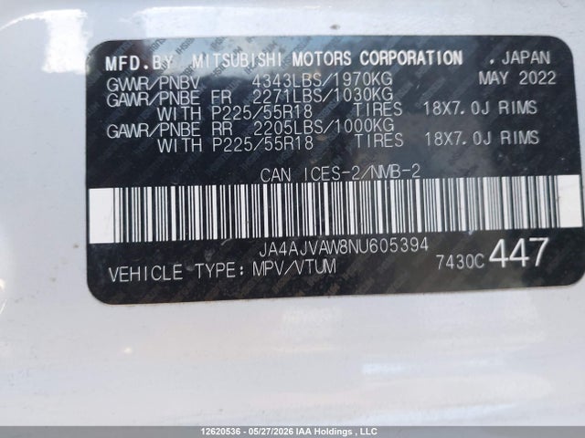 2022 Mitsubishi Rvr Gt/le/se/sel მანქანა იყიდება აუქციონზე, vin: JA4AJVAW8NU605394, აუქციონის ნომერი: 12620536