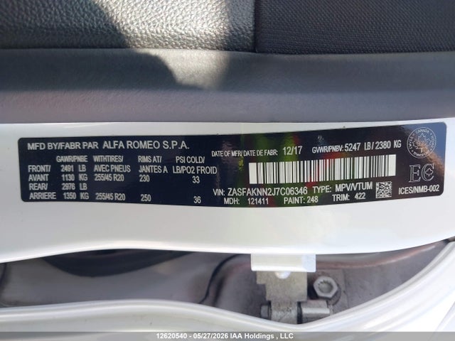12620540 :رقم المزاد ، ZASFAKNN2J7C06346 vin ، 2018 Alfa Romeo Stelvio Ti Sport مزاد بيع