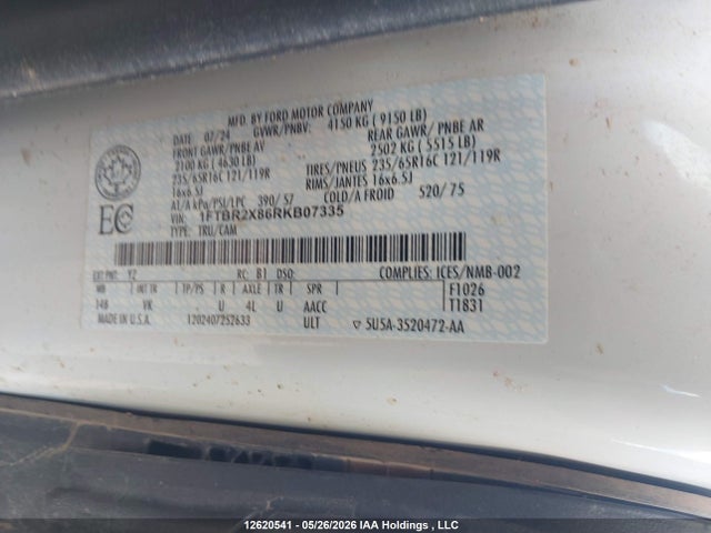 Продаж на аукціоні авто 2024 Ford Transit T-250, vin: 1FTBR2X86RKB07335, номер лоту: 12620541
