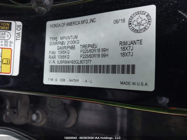 Продаж на аукціоні авто 2016 Honda Cr-v Touring, vin: 5J6RM4H93GL807377, номер лоту: 12620542