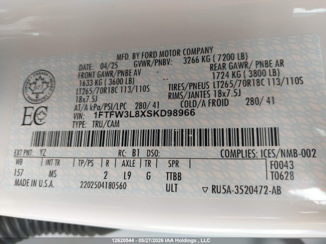 12620544 :رقم المزاد ، 1FTFW3L8XSKD98966 vin ، 2025 Ford F150 Xlt مزاد بيع