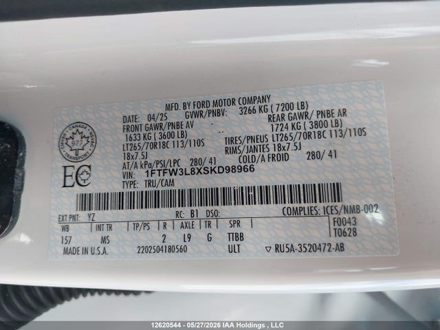 12620544 :رقم المزاد ، 1FTFW3L8XSKD98966 vin ، 2025 Ford F150 Xlt مزاد بيع