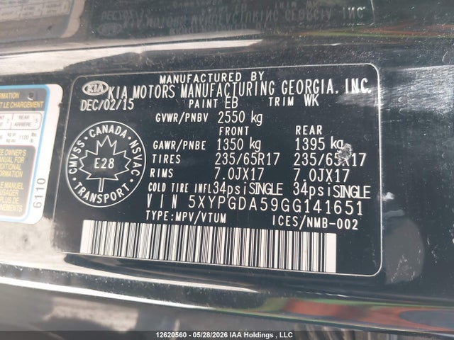 2016 Kia Sorento 3.3l Lx + მანქანა იყიდება აუქციონზე, vin: 5XYPGDA59GG141651, აუქციონის ნომერი: 12620560