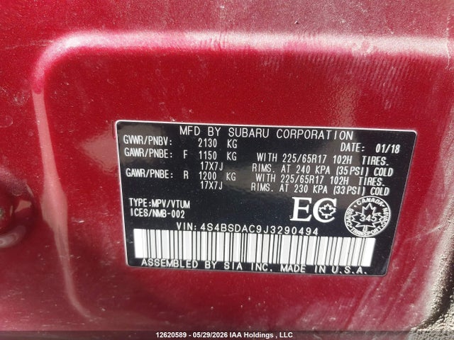 2018 Subaru Legacy Outback მანქანა იყიდება აუქციონზე, vin: 4S4BSDAC9J3290494, აუქციონის ნომერი: 12620589