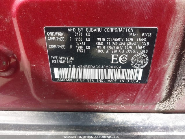 2018 Subaru Legacy Outback მანქანა იყიდება აუქციონზე, vin: 4S4BSDAC9J3290494, აუქციონის ნომერი: 12620589