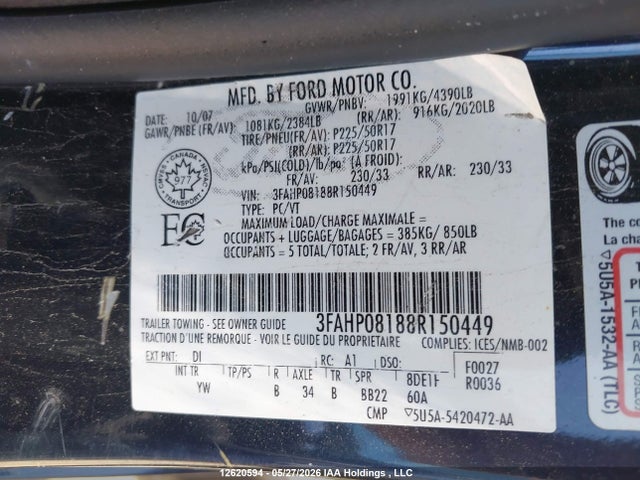 Продажа на аукционе авто 2008 Ford Fusion Sel, vin: 3FAHP08188R150449, номер лота: 12620594