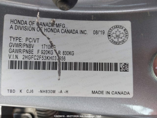 Aukcja sprzedaży 2019 Honda Civic Lx, vin: 2HGFC2F53KH037656, numer aukcji: 12620610