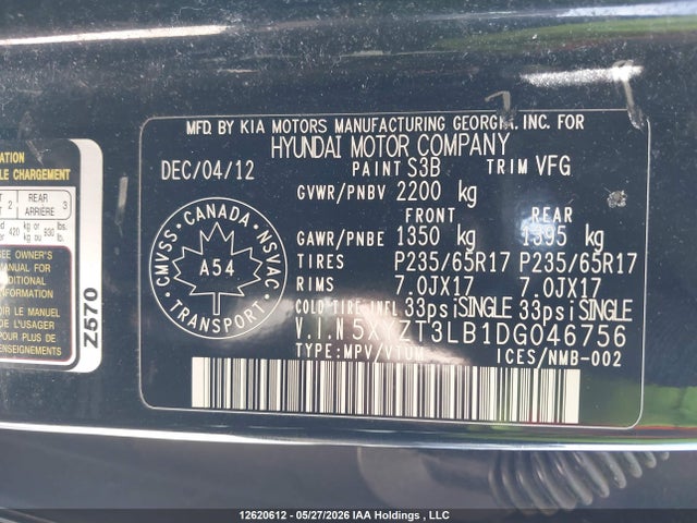 Продаж на аукціоні авто 2013 Hyundai Santa Fe, vin: 5XYZT3LB1DG046756, номер лоту: 12620612