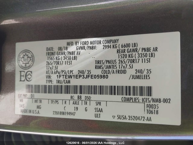 12620616 :رقم المزاد ، 1FTEW1EP3JFE05980 vin ، 2018 Ford F150 Supercrew مزاد بيع