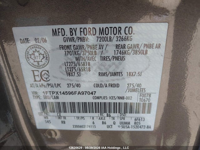 12620629 :رقم المزاد ، 1FTPX14596FA97047 vin ، 2006 Ford F-150 Fx4/lariat/xl/xlt مزاد بيع