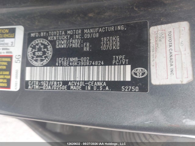 2009 Toyota Camry Le მანქანა იყიდება აუქციონზე, vin: 4T1BE46K39U874824, აუქციონის ნომერი: 12620632