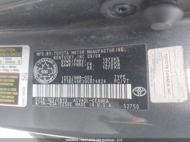 2009 Toyota Camry Le მანქანა იყიდება აუქციონზე, vin: 4T1BE46K39U874824, აუქციონის ნომერი: 12620632