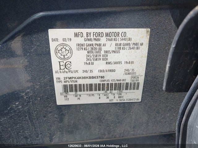 12620633 :رقم المزاد ، 2FMPK4K98KBB63780 vin ، 2019 Ford Edge Titanium مزاد بيع